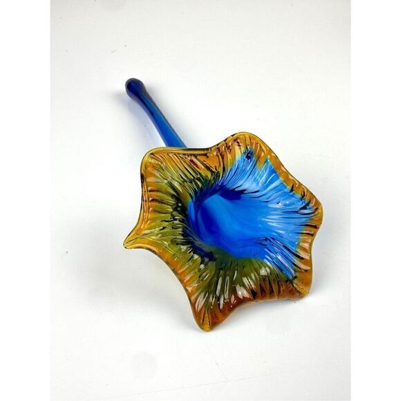 Hand Blown Art Glass Blossum Holder Cobalt Blue Orange Lay Down Flower Vase DW18 - Picture 1 of 7
